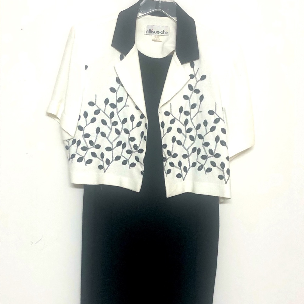 🌞 Allison-Che Vintage 70s 80s black midi dress white embroidered jacket size 12P